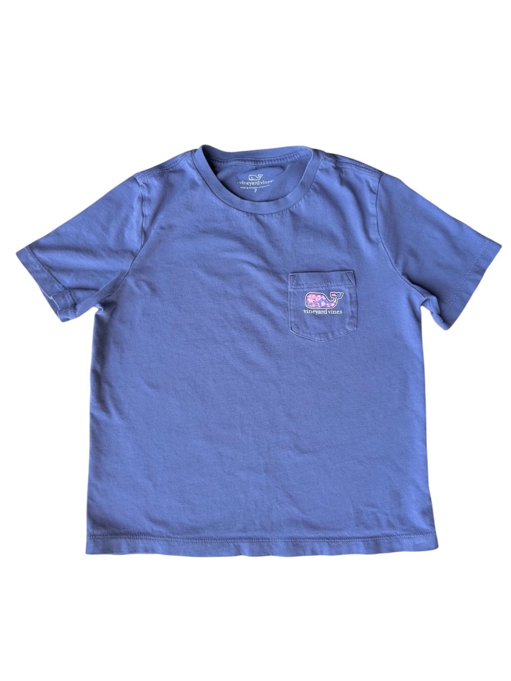 Girls Vineyard Vines Floral Whale Pocket Tee Shirt Size 7 Blue Short Sleeve